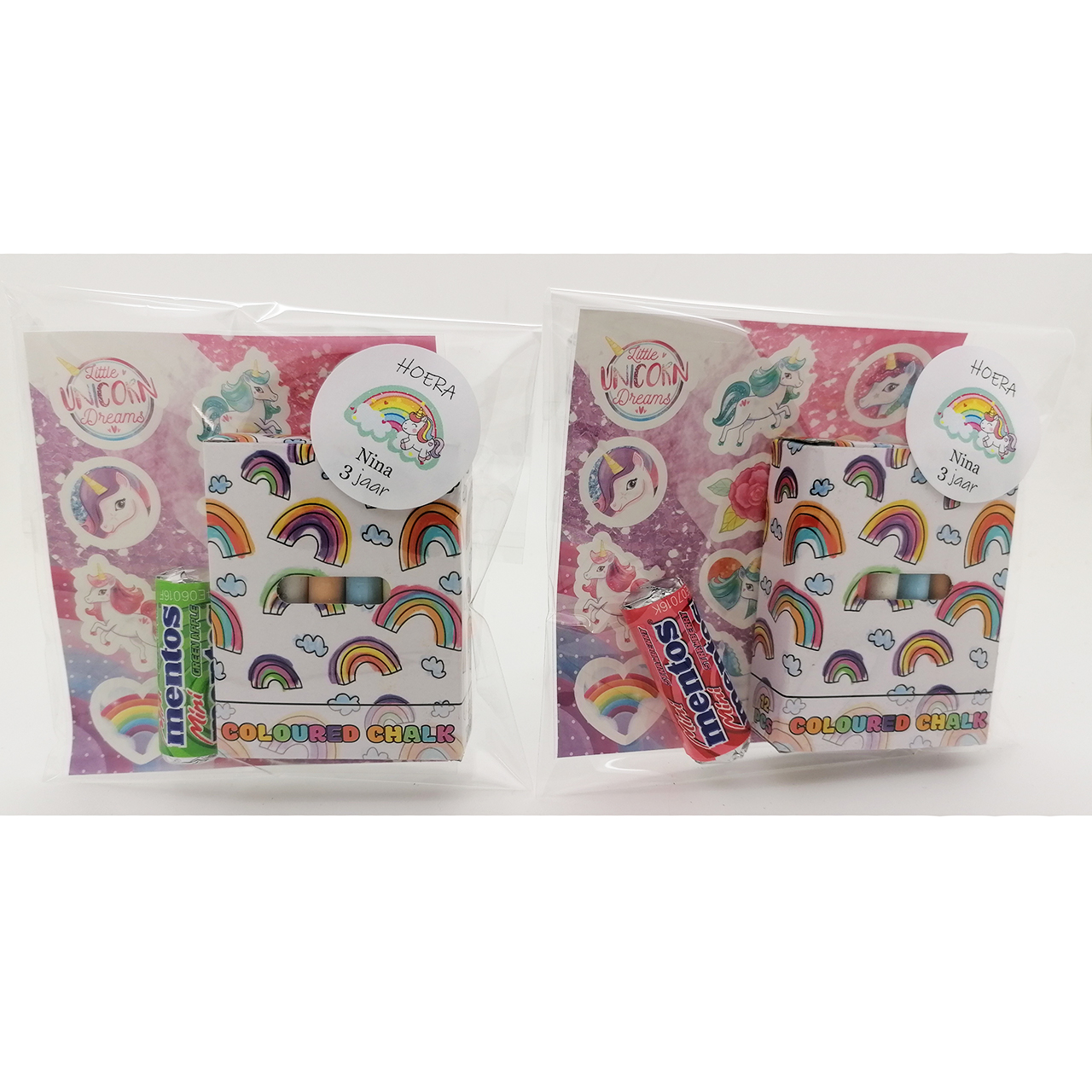 Unicorn stoepkrijt sticker traktaties mentos snoepjes Eenhoorn traktatie stoepkrijtjes mentos stickers