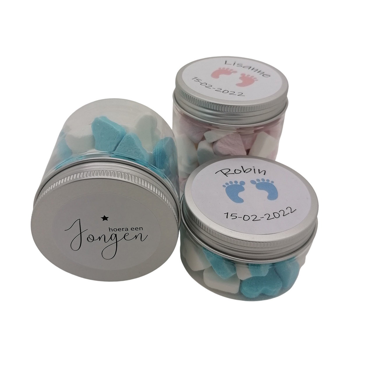 Trakteren geboorte snoep hartjes roze blauw naam