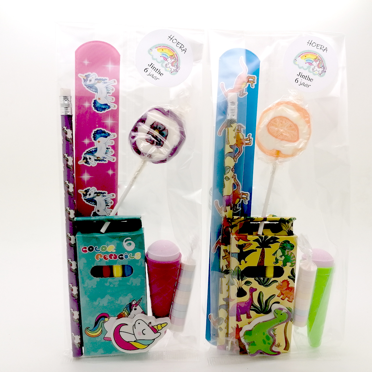 unicorn dino traktatie naamsticker trakteren op school