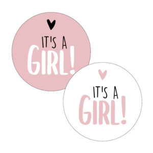 Geboorte traktatie sticker rond 4cm roze wit it;s a girl