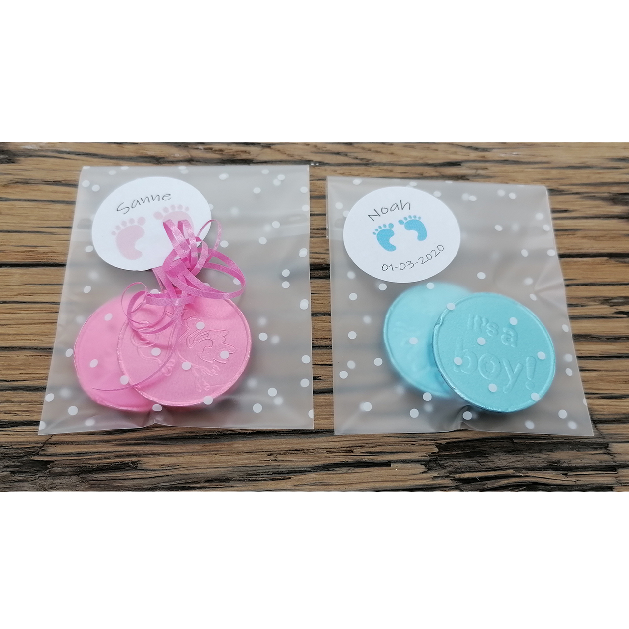 Geboorte bedankje choco munten jongen meisje betaalbaar