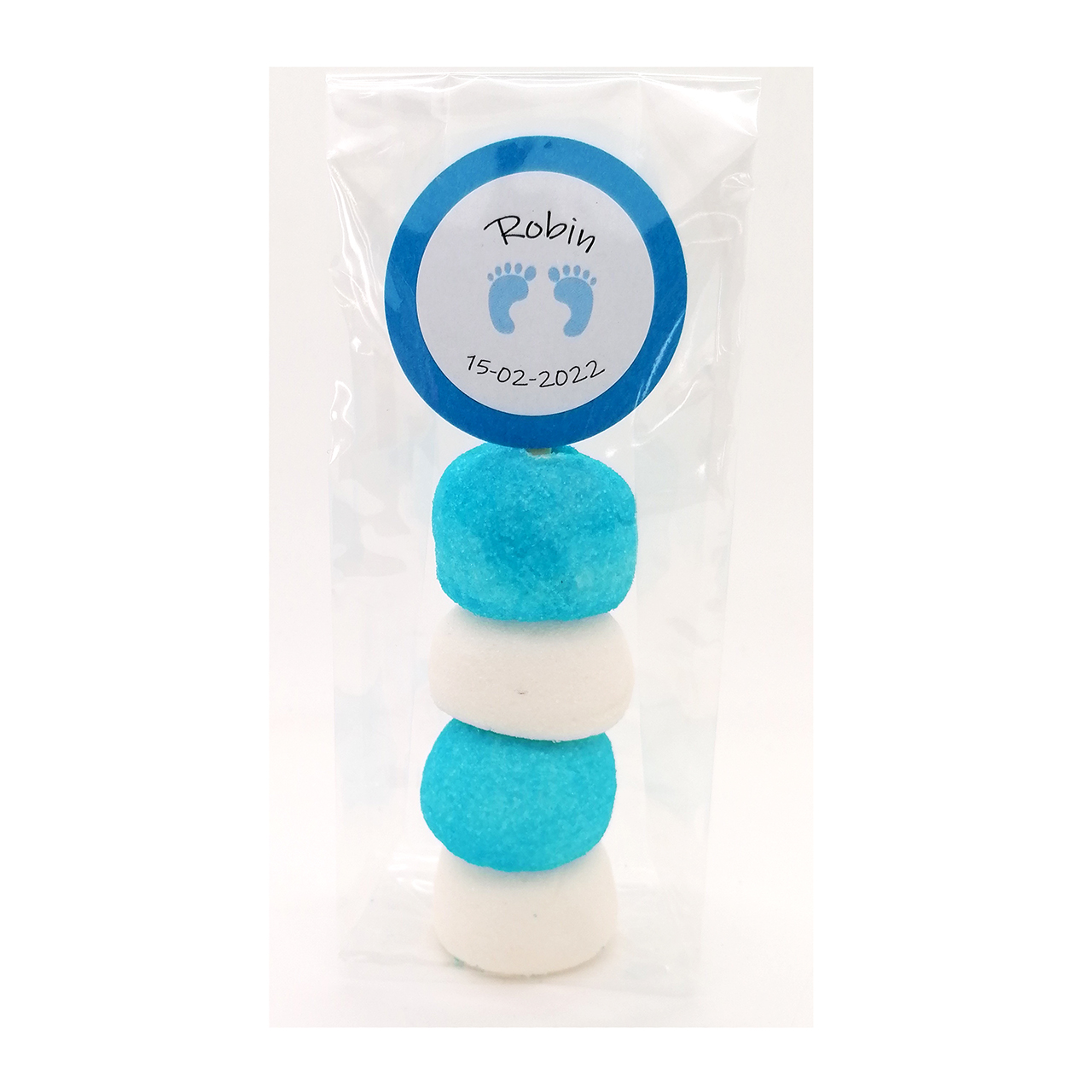 Geboorte traktatie spekbol prikkers met naam jongen Snoeptaart geboorte spekbol prikkers wit blauw met naam jongen