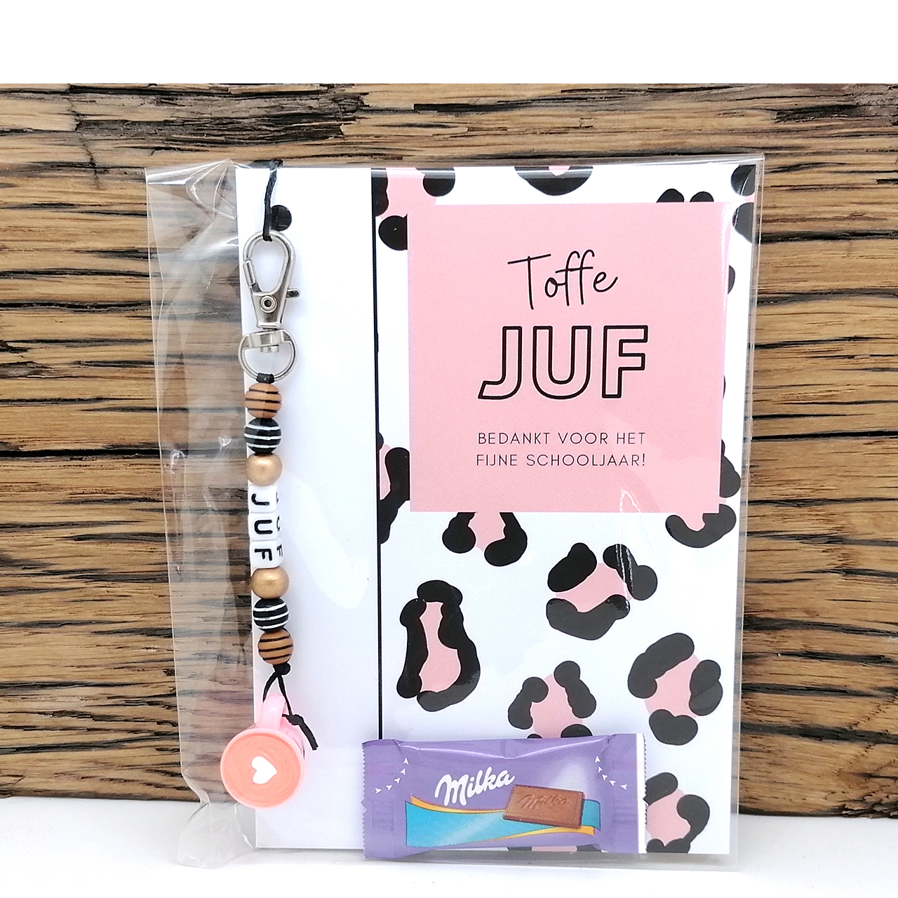 Bedankt juf cadeautje wenskaartje sleutelhanger chocolaadje