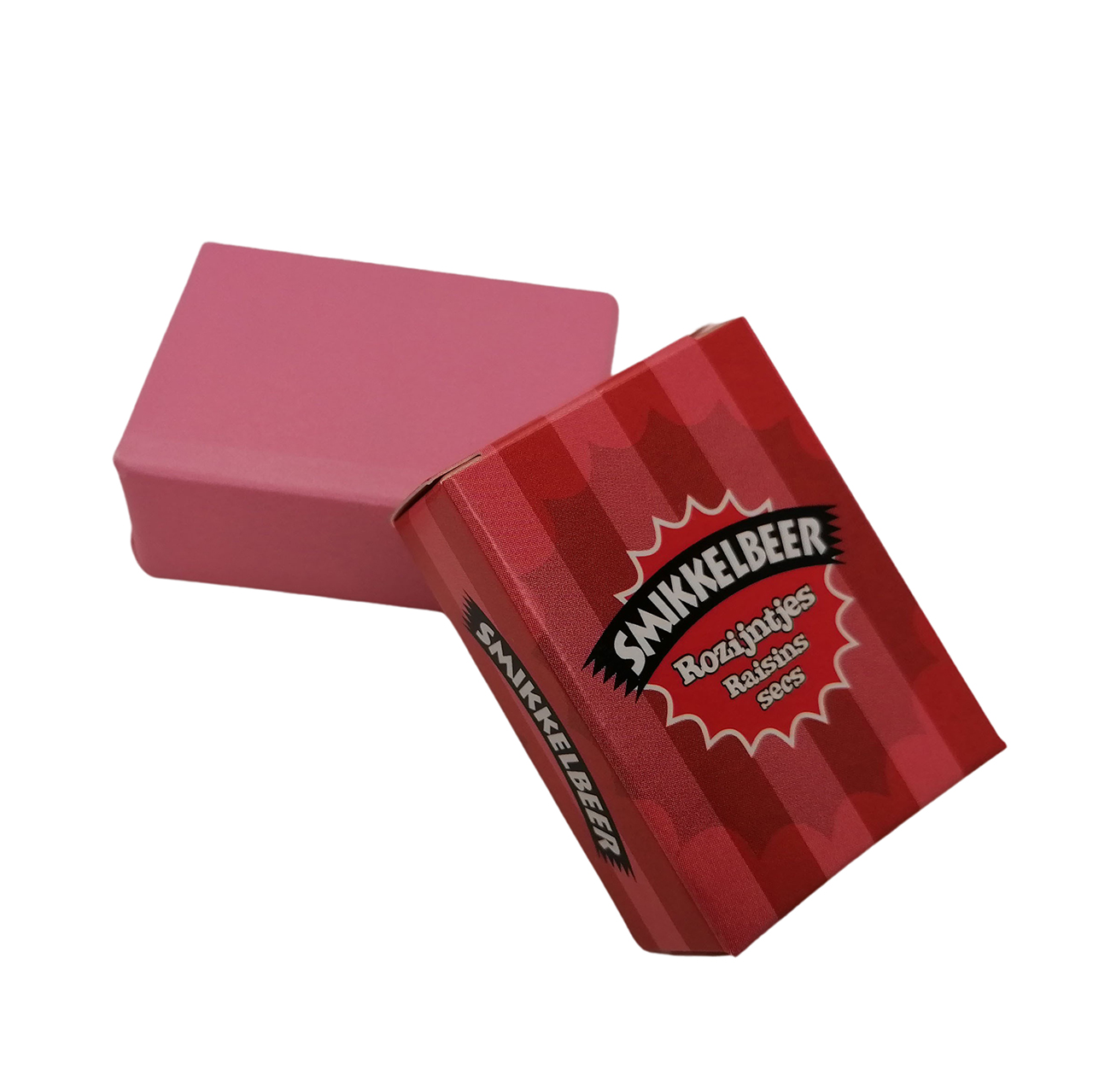 Smikkelbeer rozijnen in doosje inpakken roze