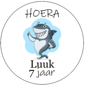 Sticker met naam en leeftijd hoera shark