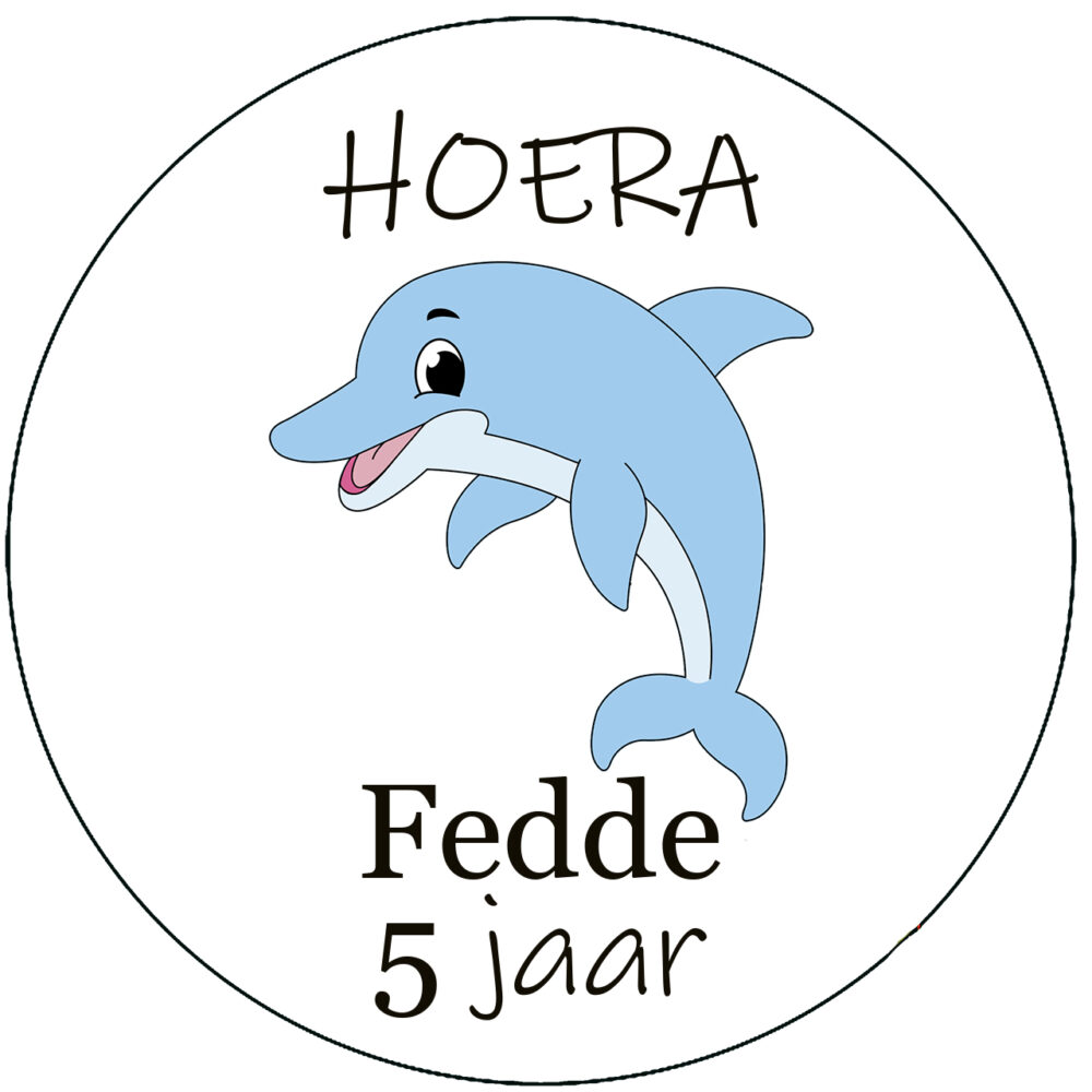 Traktatie stickers met naam leeftijd hoera dolfijnen