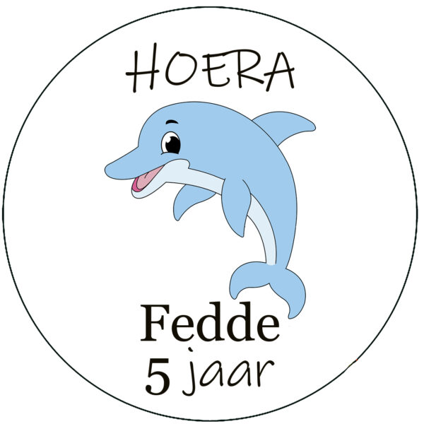 Traktatie stickers met naam leeftijd hoera dolfijnen