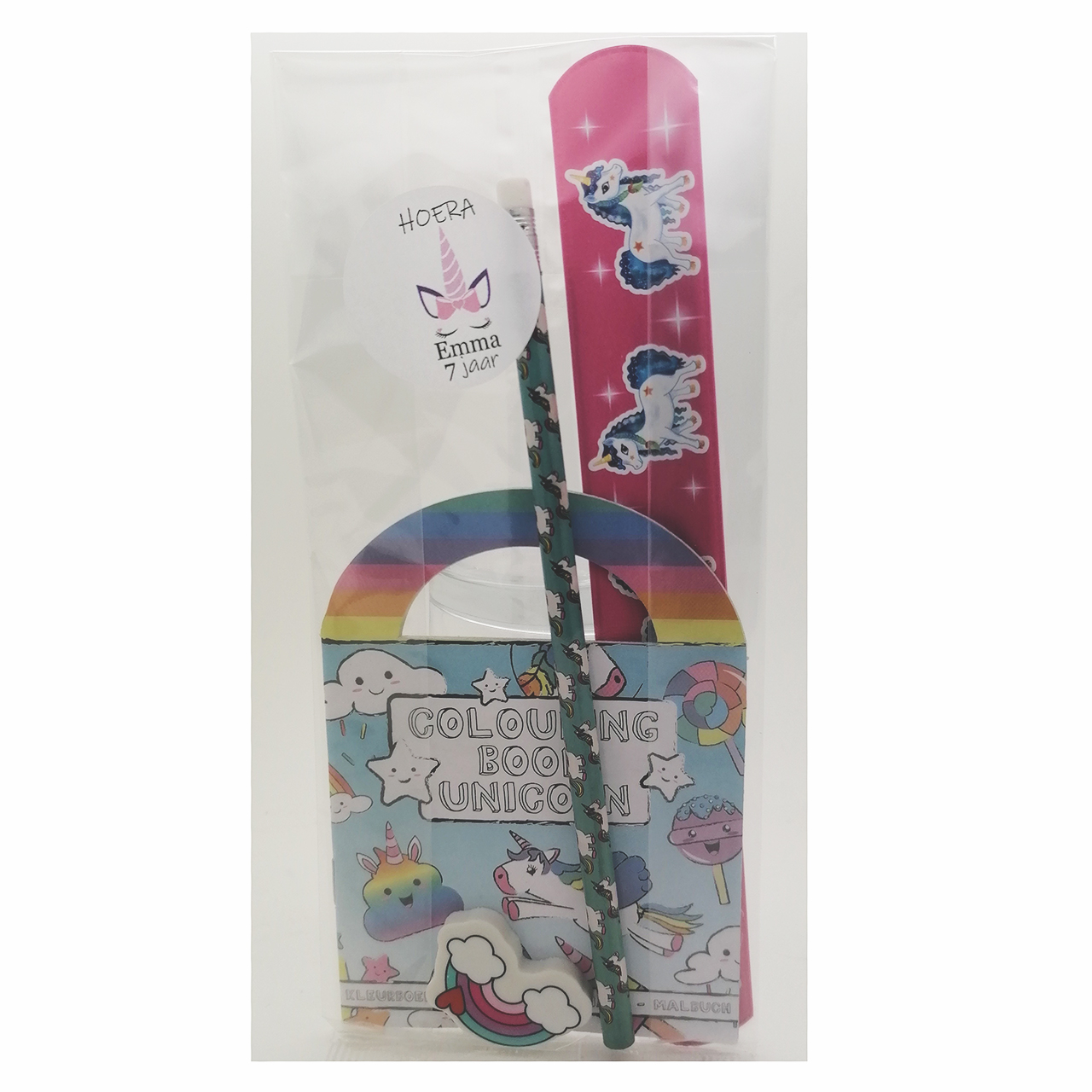 Unicorn traktaties kant en klaar uitdeelcadeautje Trakteren op school eenhoorn armbanden stickers kleurboekje