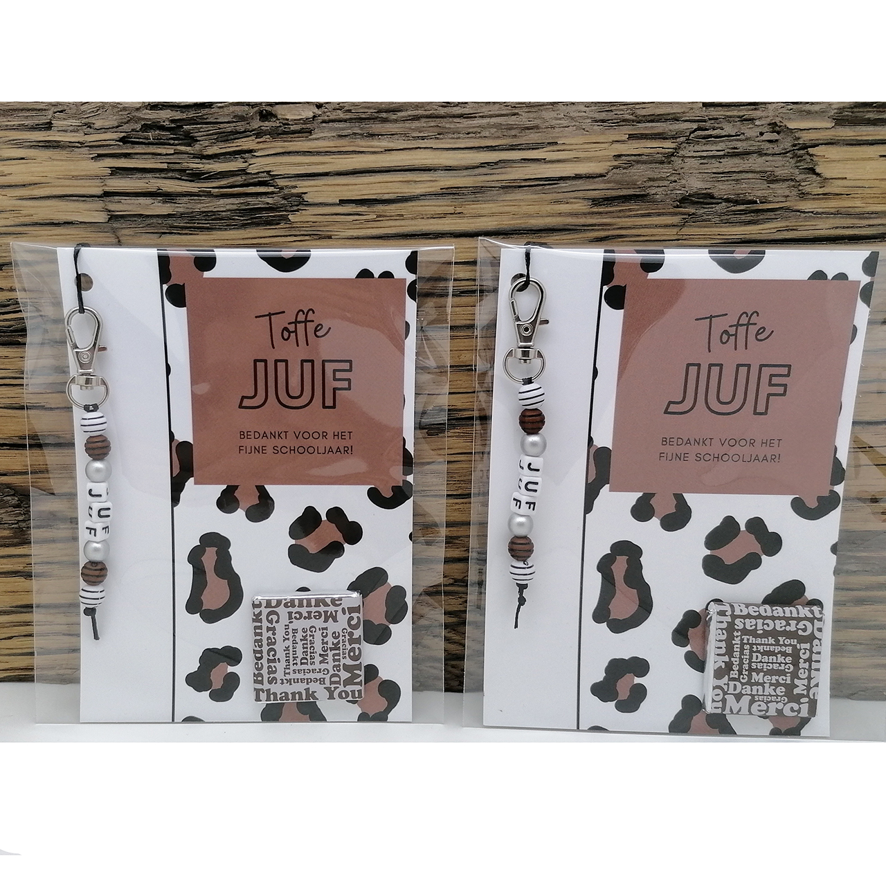 Juffendag bedankje einde schooljaar sleutelhanger wenskaart chocolade