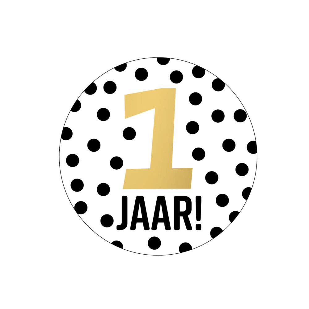 Wenssticker 1 jaar rond goud wit zwart met stippen verjaardag