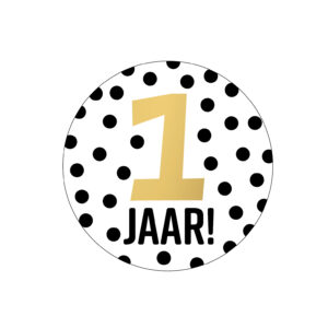 Wenssticker 1 jaar rond goud wit zwart met stippen verjaardag