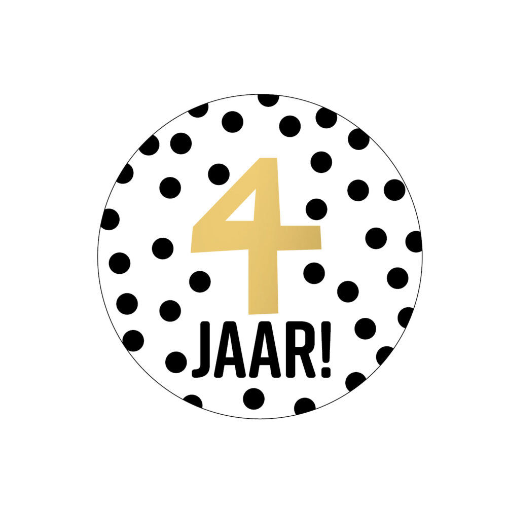 Stickers met leeftijd 4 jaar rond 4cm zwart wit goud