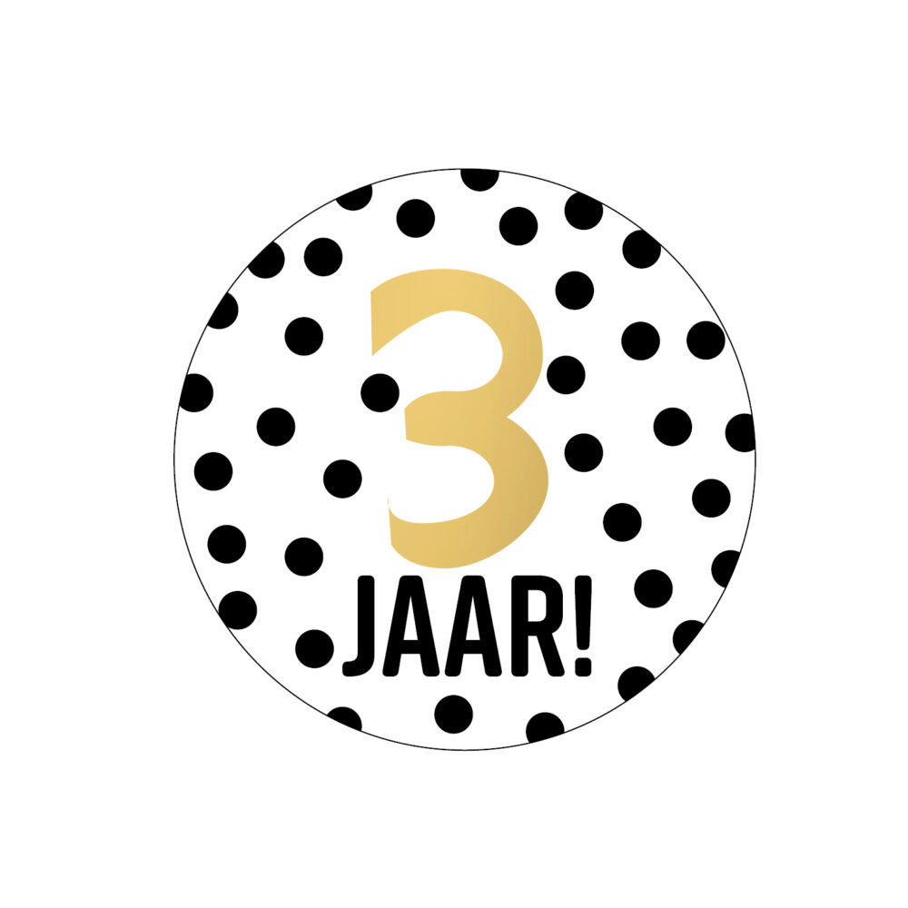 3 jaar leeftijdssticker rond goud wit zwart 40mm