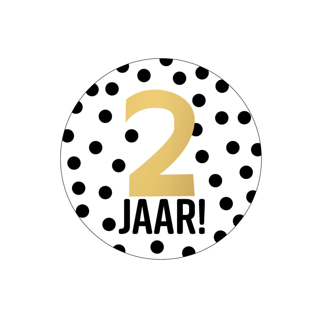 Ronder verjaardag sticker 2 jaar 40mm wit zwart goud