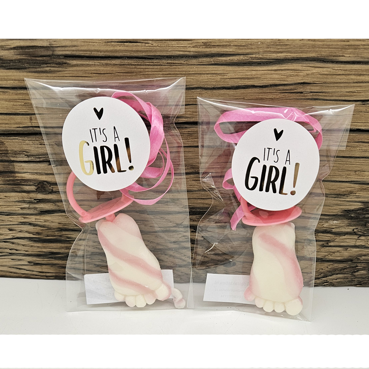 Geboorte traktatie meisje roze baby lolly Geboorte bedankje baby voetje grote broer zus stickers